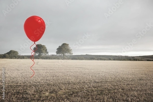 Fototapeta Red helium balloon is floating above stubbled farmland in flat design under overcast sky