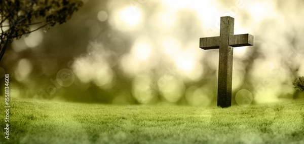 Fototapeta Flat design is showing wooden cross standing in grassy meadow with blurred foliage, bokeh spots