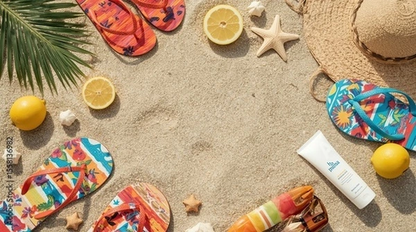 Fototapeta Top View of Colorful Summer Beach Essentials on Sandy Shore