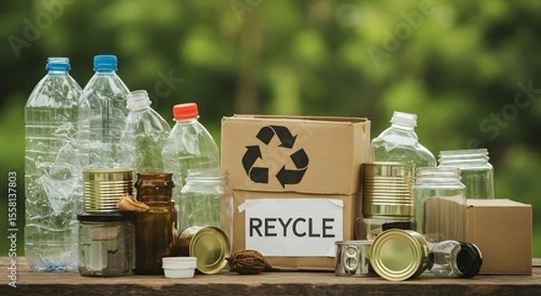 Fototapeta Recycling Sorting Glass, Plastics, and Cans for a Greener Future to Protect the Environment and Promote Sustainability