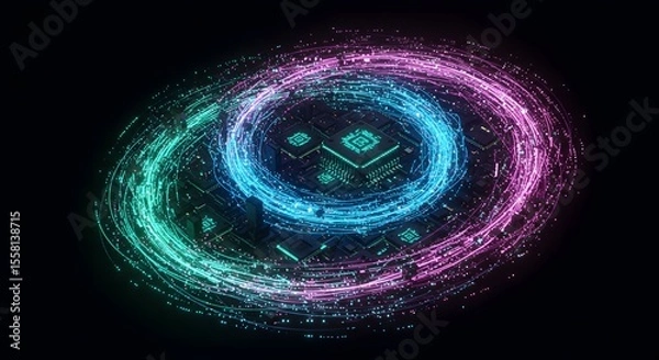 Fototapeta Abstract Technology Portal Data Stream in a Swirling Digital Galaxy