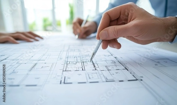 Obraz Estate broker discussing blueprints of a new office space with clients, providing insights and expert advice on the potential of the property, Generative AI