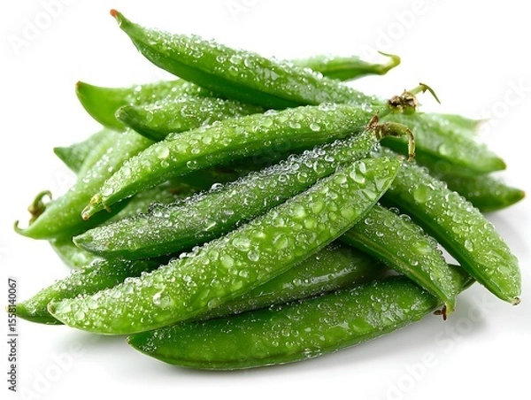 Obraz Fresh green snap peas covered in water droplets are neatly stacked against a white background scene today.