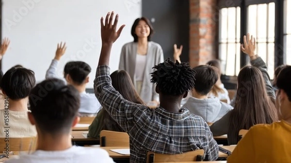 Fototapeta Diverse group of Gen Z Asian high school students in modern classroom, one Black male student raising hand to ask question to senior female teacher during interactive lecture