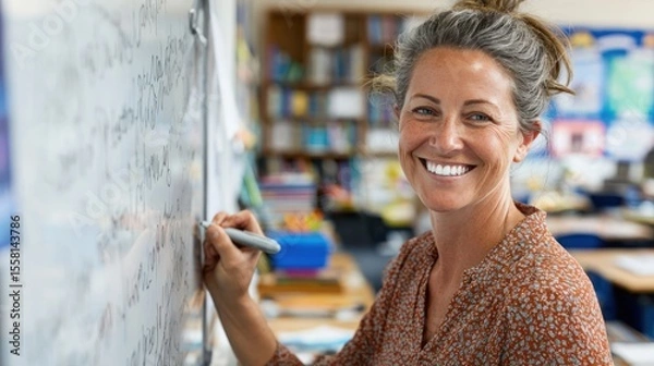 Fototapeta Professional teacher writing verb tenses on whiteboard with clear handwriting, standing confidently, smiling brightly, classroom setup with books and desks