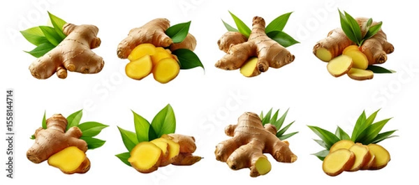 Fototapeta Fresh Ginger Roots with Slices and Green Leaves on White Background, Isolated on Transparent, white background