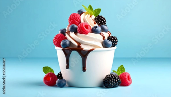 Fototapeta Frozen yogurt swirl with chocolate drizzle and mixed berries
