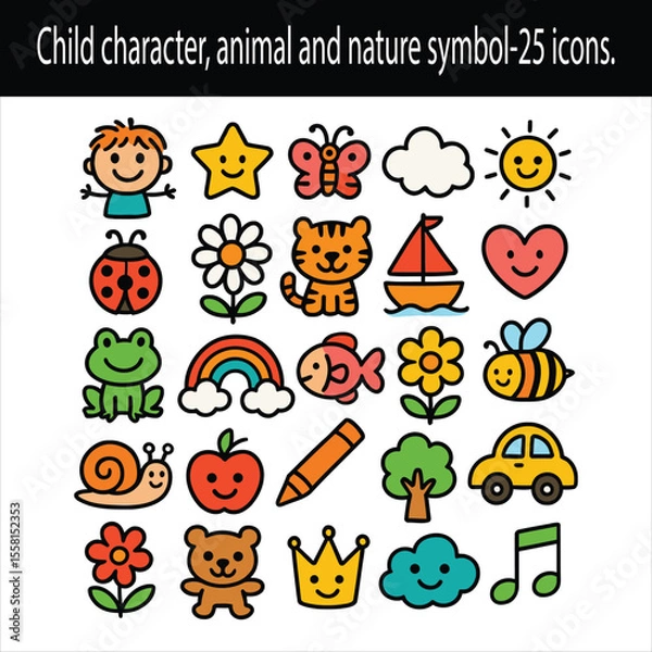 Fototapeta Collection of 25 cute cartoon icons for children featuring characters animals and nature