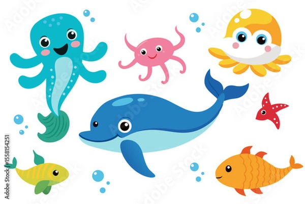 Obraz Cute vector nautical set. Children's illustrations on white background. Dolphin whale sea octopus seahorse crab shrimp seagull turtle isolated on white background