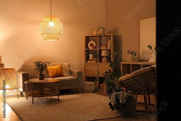 Fototapeta Cozy sofa, armchair and coffee table in interior of living room at night