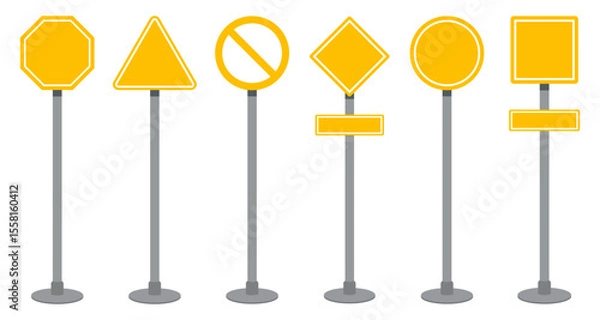 Fototapeta Vector set of traffic sign icons in various shapes including circle, triangle, square, octagon, and diamond on poles. Editable flat style for road safety or signage design.