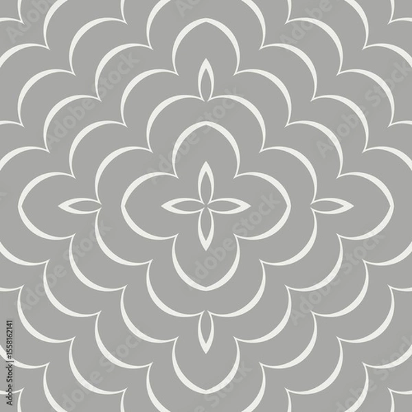 Fototapeta A symmetrical pattern featuring a series of overlapping floral motifs is set against a gray background. The design is composed of delicate, white outlines that create a harmonious and elegant appearan