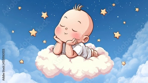 Fototapeta A peaceful baby sleeps on a fluffy cloud surrounded by stars in a dreamy night sky.