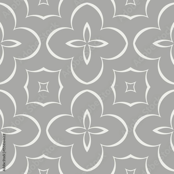 Fototapeta A seamless geometric pattern features a symmetrical floral design in white lines on a gray background. The pattern repeats consistently, creating a harmonious and elegant visual effect.