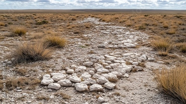 Fototapeta Arid Landscape with Limestone Rocks and Dry Grass Under Cloudy Sky