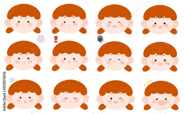 Fototapeta オレンジ髪の女の子の表情セット