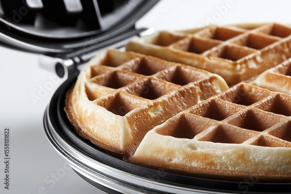 Fototapeta Freshly Cooked Golden Brown Waffle in Open Waffle Maker with Crispy Texture.