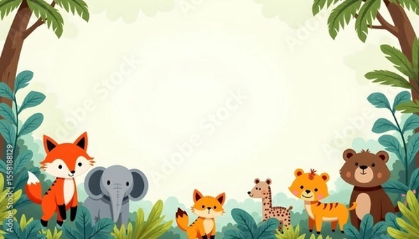 Fototapeta Colorful cartoon jungle friends surround an empty banner space