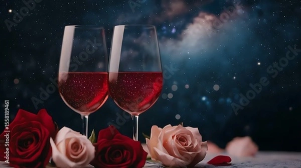Fototapeta Romantic Evening with Red Rose Flowers and Sparkling Wine Glasses Against Cosmic Background