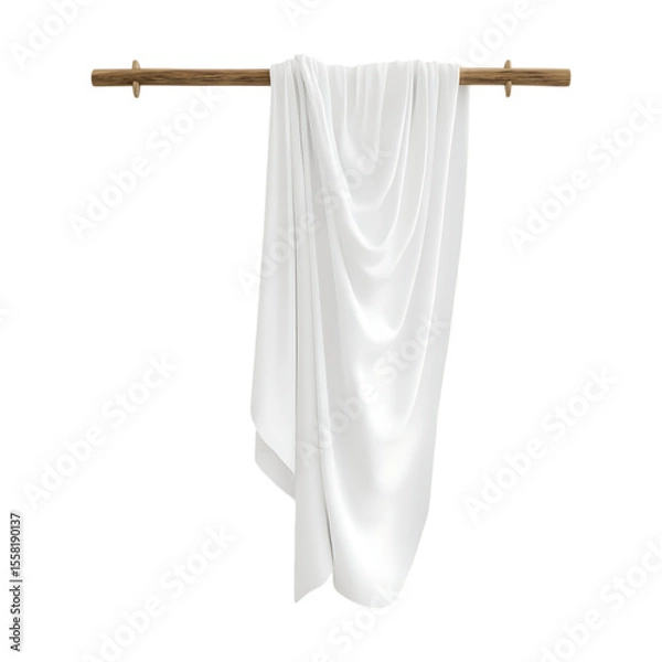 Fototapeta White Drapery Hanging from Wooden Rod Elegant Fabric Texture for Design Projects