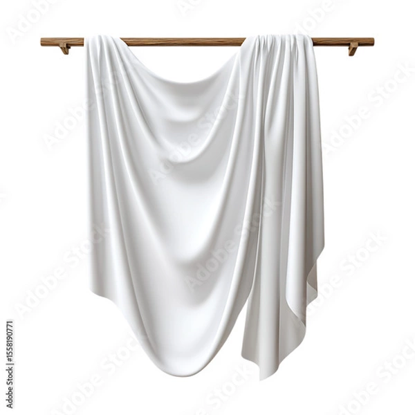 Obraz Elegant Draped Fabric White Textile Hanging on Wooden Rod  Perfect for Backgrounds  Design Projects