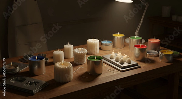 Fototapeta Array of candles on a table in a workshop setting