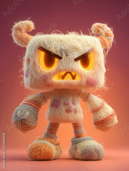 Obraz Grumpy 3D monster character made of yarn with glowing eyes and horns