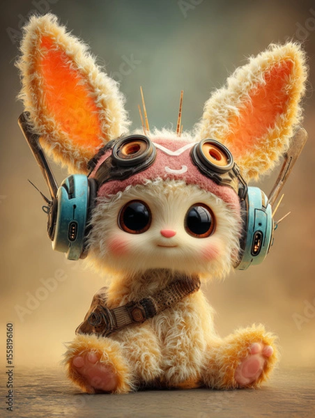 Obraz Cute furry animal character with big ears wearing pilot goggles and headphones