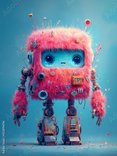 Obraz Adorable fluffy pink robot character with big blue eyes
