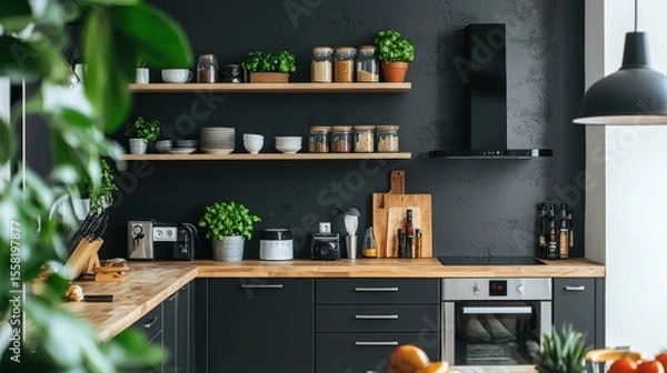 Fototapeta A small but stylish kitchen with smart storage