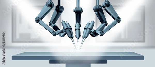 Fototapeta Surgical Robots and Robot Operation as computer guided AI Surgery Concept and advanced medical robotics in a hospital operating room.