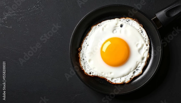 Fototapeta Top view of a fried egg sizzling on a non-stick pan, edges crispy and white bubbling