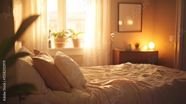 Fototapeta A soft-lit bedroom with a thick comforter and warm tones