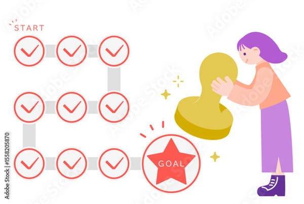 Obraz ゴールのスタンプを押して笑顔の女性　スタンプラリー・目標達成のイメージ