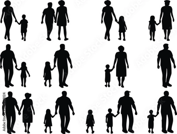 Fototapeta Collection of diverse family silhouettes holding hands and walking together representing unity and togetherness in various family structures on a white background