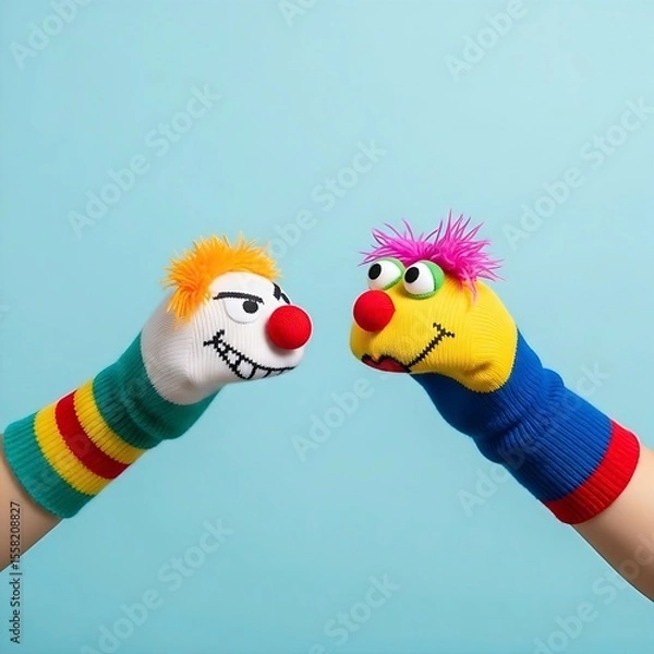 Fototapeta Two playful, colorful sock puppets with wild hair interacting against a soft blue background, creating a whimsical and humorous scene.

