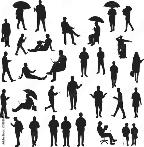 Fototapeta Diverse set of man and people silhouettes shows lifestyle activities and various poses for architectural designs and renderings.