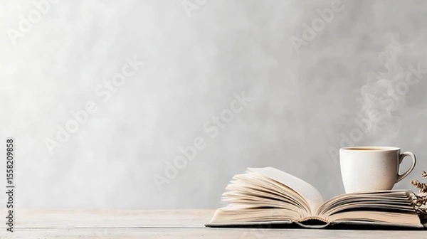 Fototapeta Cozy Reading Scene with Open Book, Coffee Cup, and Warm Atmosphere for Relaxation