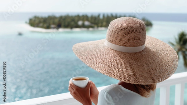 Fototapeta Woman with straw hat enjoying coffee on tropical island balcony. Summer travel and peaceful solo vacation with ocean view and blue sea horizon. Relaxation and wanderlust moment.