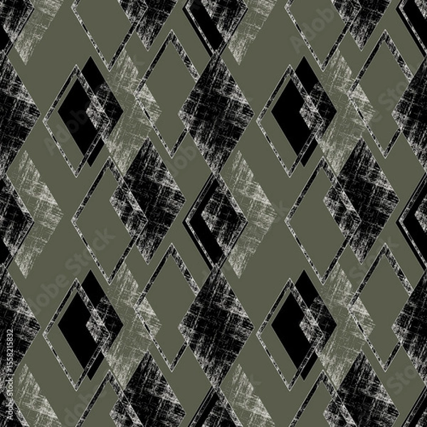 Fototapeta Seamless abstract geometric pattern with rhombuses. Black, white figures on a grayish olive background.