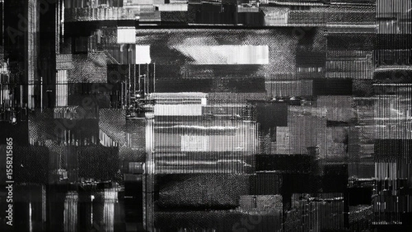 Obraz Glitch noise static television. Royalty high-quality free best stock of abstract digital motion art distorted background, CRT tv screen no signal, error, noise and distortions effect, black and white