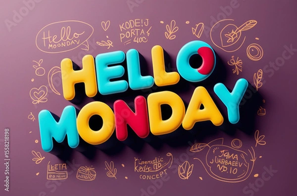 Fototapeta 3D lettering of Hello Monday on a purple background, adorned with cute doodles for a cheerful touch