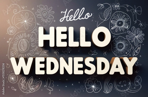 Fototapeta Hello Wednesday text on a black background, surrounded by cute doodles for a cheerful and playful design