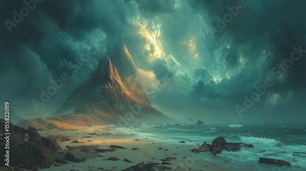 Obraz Dramatic coastal landscape with mountains on the beach under a stormy sky