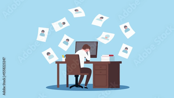 Fototapeta Overwhelmed businessman sitting at desk with falling resumes and computer screen