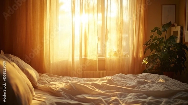 Fototapeta A warm bedroom with soft light filtering through curtains