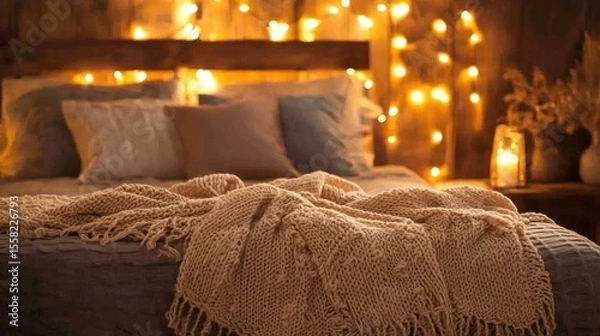 Fototapeta A warm, inviting bed with layered blankets and soft lighting