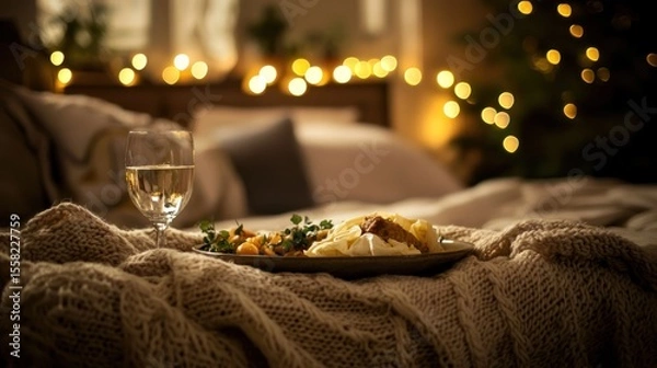 Fototapeta A warm, inviting bed with layered blankets and soft lighting