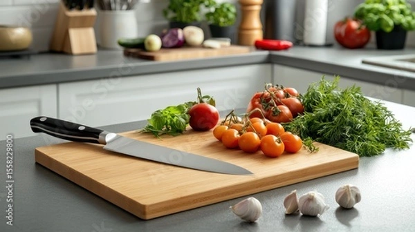 Fototapeta A well-organized kitchen workspace with a cutting board, fresh produce, and a sharp chefâ€™s knife