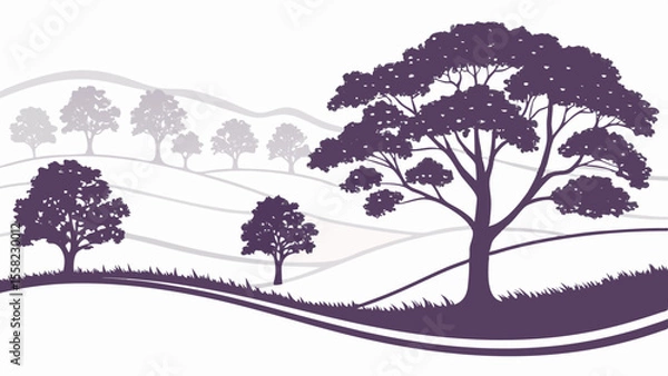 Fototapeta Smooth repeating design with trees and hills in dark purple white  background vector illustration. 